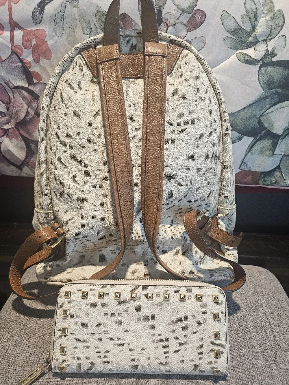 Michael Kors Cream MK Large Jet Set Logo Backpack and Wallet with Gold Studs